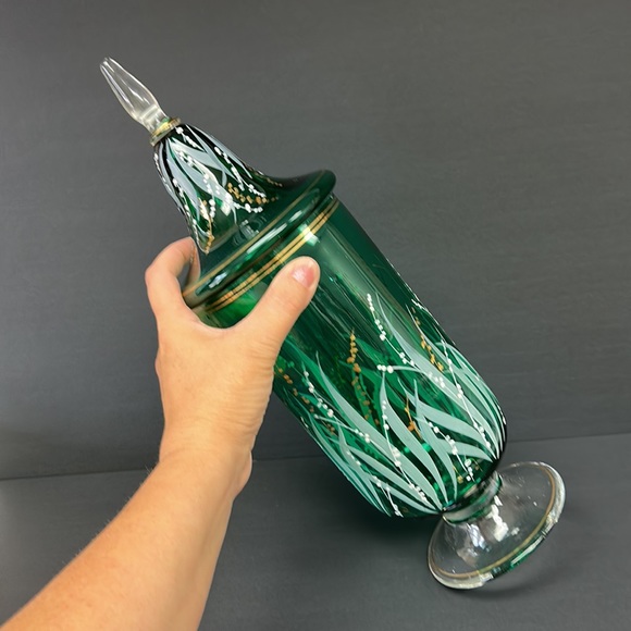 Vintage bohemian glass tall footed decanter with painted lily of the valleys - Picture 2 of 15